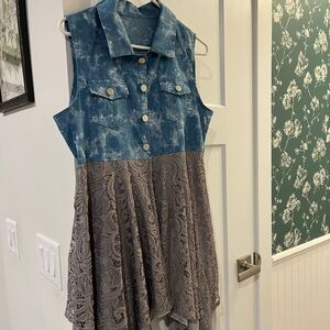 Sleeveless Two-Tone Blue Faux Denim and Gray Lace Dress